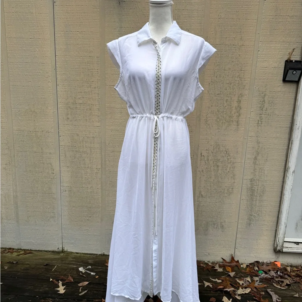 White Beaded Owl Design Short Sleeve Sheer Maxi Dress/Jacket - Picture 7 of 10
